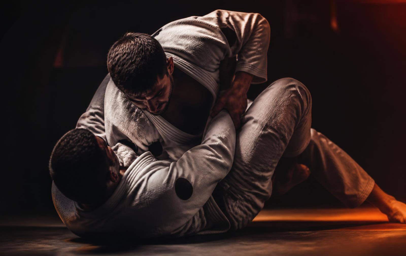 Two jiu jitsu practitioners in gi training on the mat